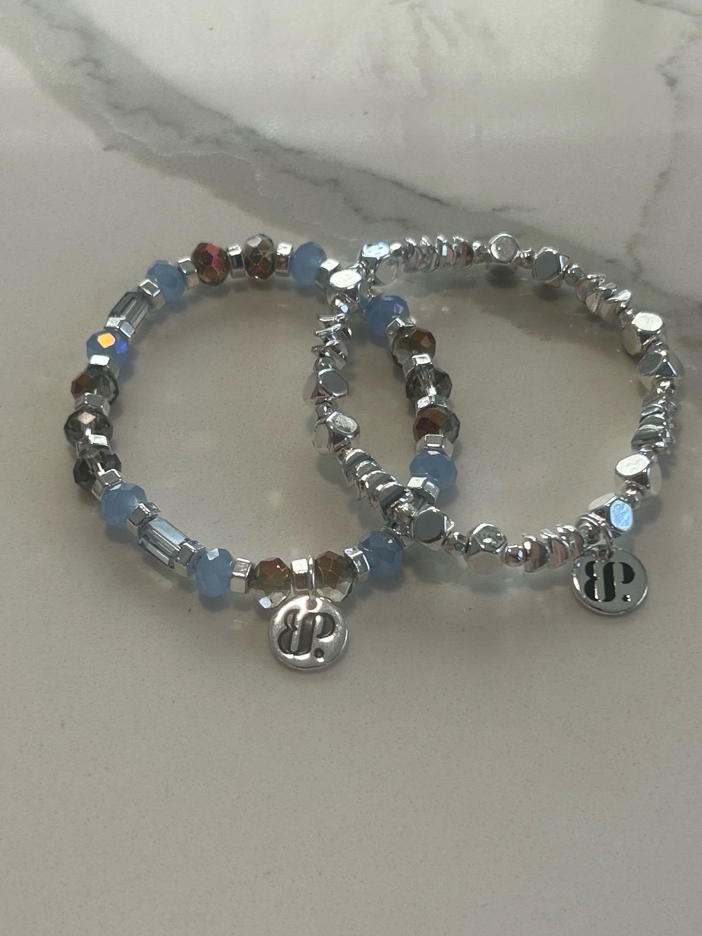 Bomb Party Silver & Light Blue Beaded Stretch Bracelet Set - New